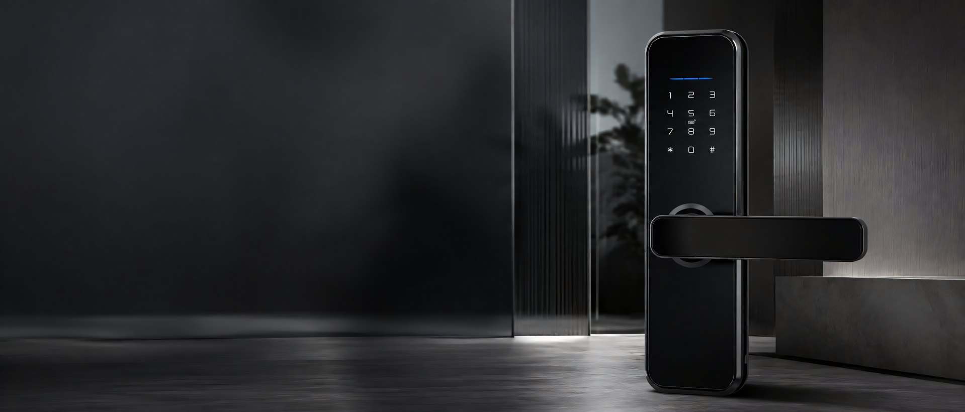 A black smart lock with a lever handle, lit in a dark room